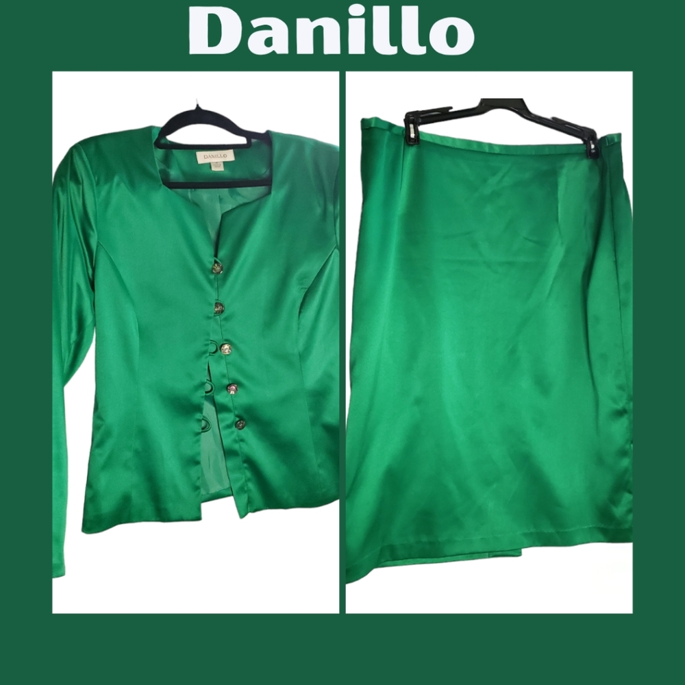 Danillo Jacket Skirt set lined faux gem button accents emerald green sz 14